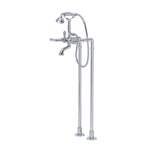 Rohl AKIT1401NLMAPC Exposed Floor Mount Tub Filler with Handshower and Floor Pillar Legs or Supply Unions with Metal Lever Handle, Polished Chrome