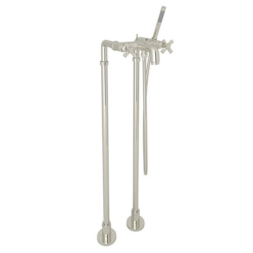 Exposed Floor Mount Tub Filler with Cross Handle Handshower and Floor Pillar Legs or Supply Unions in Polished Nickel