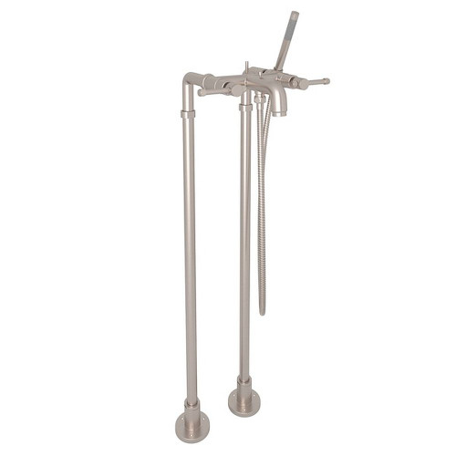 Exposed Floor Mount Tub Filler with Industrial Metal Levers Handshower and Floor Pillar Legs or Supply Unions in Satin Nickel