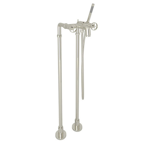 Exposed Floor Mount Tub Filler with Handshower and Floor Pillar Legs or Supply Unions in Polished Nickel