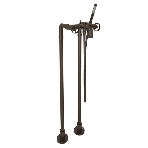 Exposed Floor Mount Tub Filler with Handshower and Floor Pillar Legs or Supply Unions in Tuscan Brass