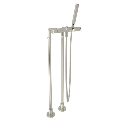 Exposed Thermostatic Tub Filler with Metal Levers Handshower and Floor Pillar Legs or Supply Unions in Polished Nickel