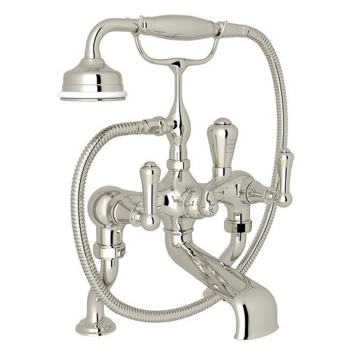 Exposed Deck Mount Tub Filler with Solid Metal Lever Handshower in Polished Nickel