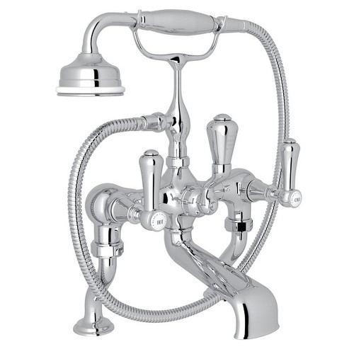 Rohl U.3000LSP/1-APC Exposed Deck Mount Tub Filler Metal Lever with Porcelain Cap Handshower in Polished Chrome