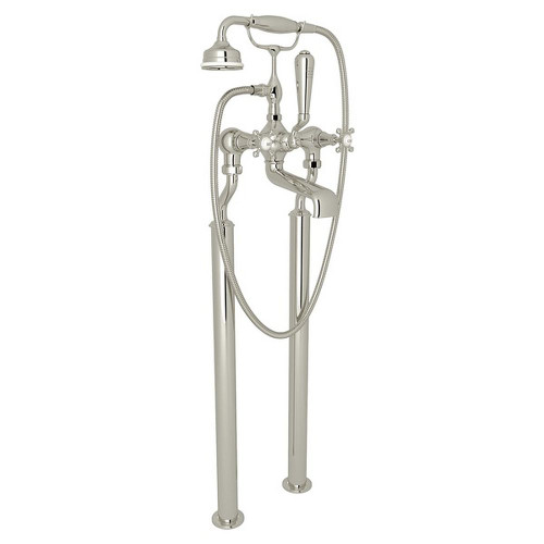 Exposed Floor Mount Tub Filler with Cross Handle Handshower in Polished Nickel