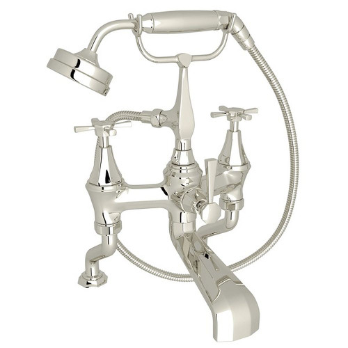 Exposed Deck Mount Tub Filler with Cross Handle Handshower in Polished Nickel