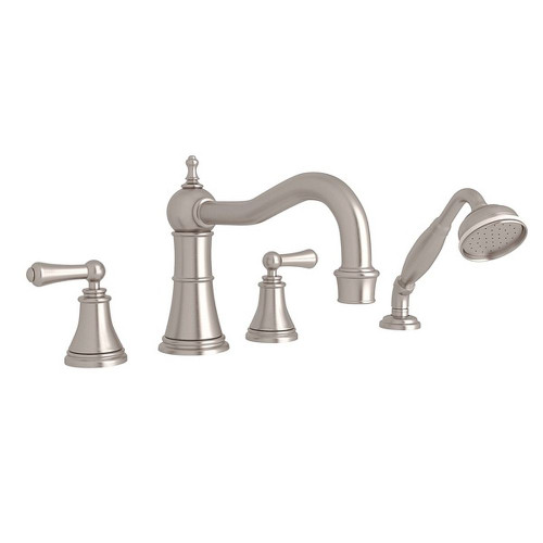 4-Hole Deck Mount Column Spout Tub Filler with Solid Metal Lever Handshower in Satin Nickel