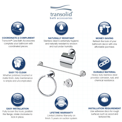 Transolid KA-CAR-4-PC 4-Piece Bathroom Accessory Kit Including a robe hook, a toilet paper holder, a towel ring, and a 24-in towel bar, in Polished Chrome
