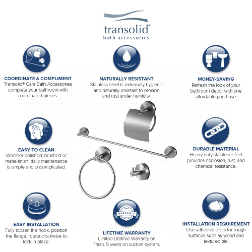 Transolid KA-CAR-4-BS 4-Piece Bathroom Accessory Kit Including a robe hook, a toilet paper holder, a towel ring, and a 24-in towel bar, in Brushed Stainless