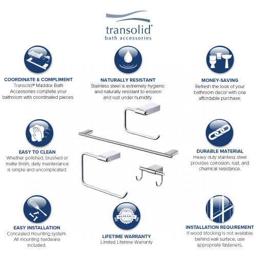 4-Piece Bathroom Accessory Kit Including a robe hook, a toilet paper holder, a towel ring, and a 24-in towel bar, in Polished Chrome