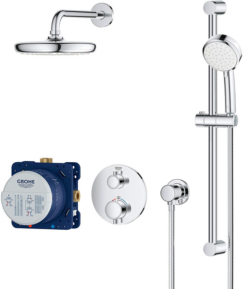 Grohe 34745000 Grohtherm Thermostatic Shower System with Shower Head, Hand Shower, Slide Bar, Hose, and Valve Trim in StarLight Chrome Finish