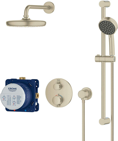 Grohe 34745EN0 Grohtherm Thermostatic Shower System with Shower Head, Hand Shower, Slide Bar, Hose, and Valve Trim in Brushed Nickel Infinity Finish