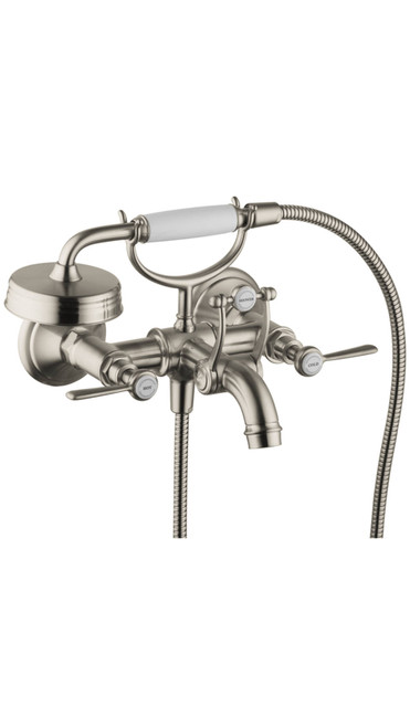 2-Handle Wall-Mounted Tub Filler with Lever Handles and Handshower in Brushed Nickel