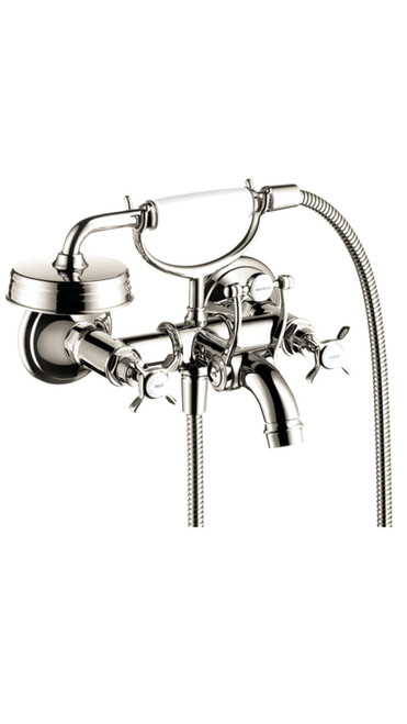 2-Handle Wall-Mounted Tub Filler with Cross Handles and Handshower in Polished Nickel