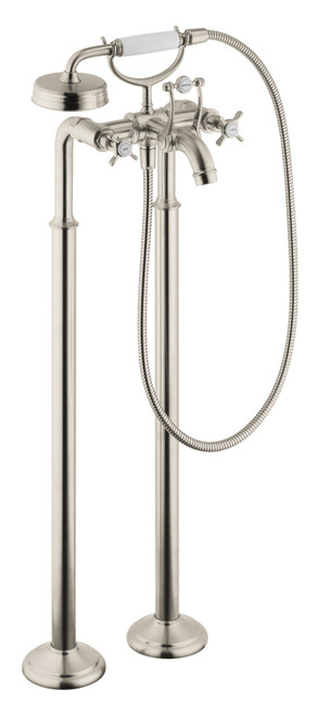 2-Handle Freestanding Tub Filler Trim with Cross Handles and Handshower in Brushed Nickel