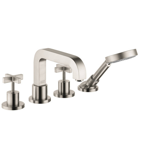 4-Hole Roman Tub Set Trim with Cross Handles and Handshower in Brushed Nickel