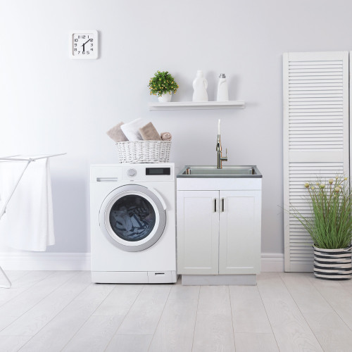 24-in White Laundry Cabinet with Pull-Out Basket, Stainless Steel Sink, and Stainless Steel High Arc Faucet