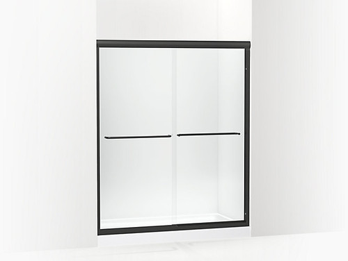 Frameless sliding shower door in matte black frame finish with smooth glass texture 54-5/8"