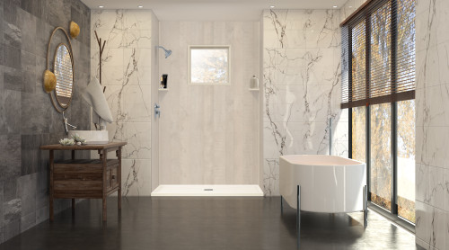 Linear 36 in. L x 48 in. W Alcove Shower Pan Base with Center Drain in Cameo