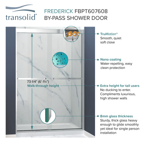 Semi-frameless bypass shower door featuring EXCLUSIVE TruMotion technology in Matte Black frame finish with smooth clear glass texture and traditional Turin handles 45-3/4-in to 47-in W x 76-in H