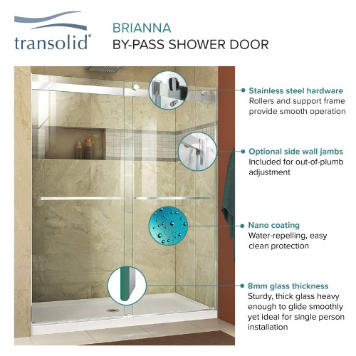 Frameless bypass shower door in brushed stainless frame finish with smooth clear glass texture and classic Riley handles 60-in W x 62-in H