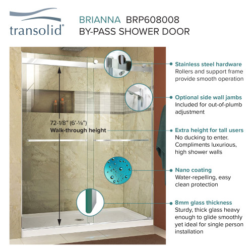 Frameless bypass shower door in brushed stainless frame finish with smooth clear glass texture and classic Turin handles 60-in W x 80-in H