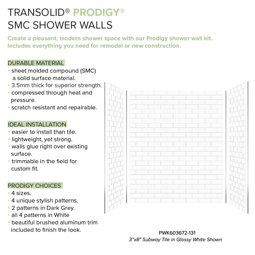 Transolid Prodigy PWK603672-131 60" x 36" x 72" Glue to Wall 3-Piece Shower Wall Trimmable Kit 3" x 8" Subway Tile, in White