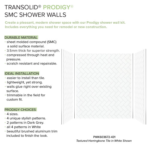 Transolid Prodigy PWK603672-431 60" x 36" x 72" Glue to Wall 3-Piece Shower Wall Trimmable Kit Herringbone Tile, in White