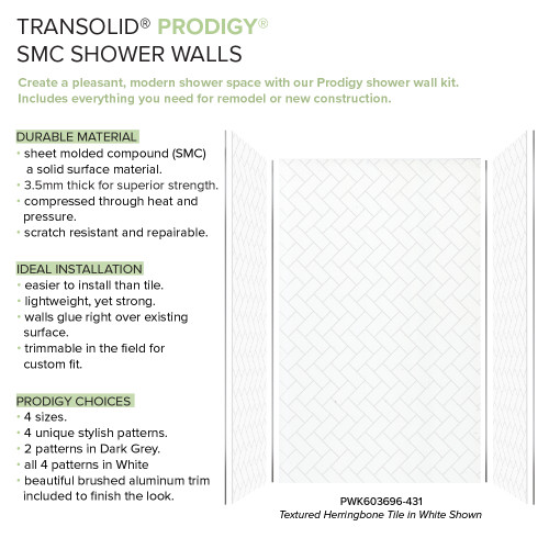 Transolid Prodigy PWK603696-431 60" x 36" x 96" Glue to Wall 3-Piece Shower Wall Trimmable Kit Herringbone Tile, in White