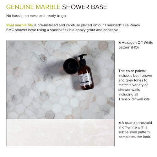 Transolid FPT6032R-HO 60-in x 32-in Pre-Tiled Shower Base with Right Hand Drain in Off-White Hexagon
