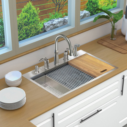 Transolid KWSST332210-5 32-in X 22-in X 10-in 18-Gauge Drop-in Stainless Steel Kitchen Workstation Sink with 5 Faucet Holes