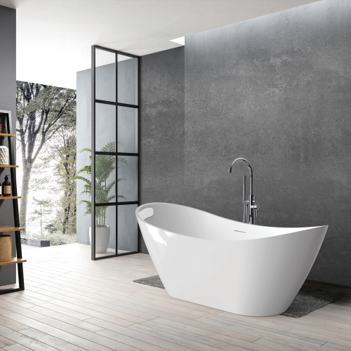 Transolid KF-AFTS6731-G31PC Skylar Grande 67-in x 31-in x 27-in Freestanding Acrylic Bathtub Kit With Center Drain, Bath Pillow And Polished Chrome Tub Filler, White (Gloss)