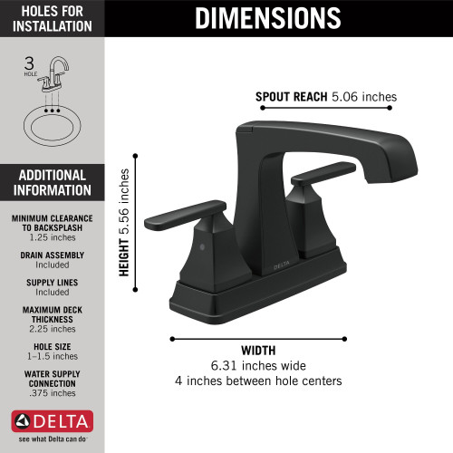 Delta 2564-BLMPU-DST Ashlyn Two Handle Centerset Metal Pop Up Lavatory Faucet, Matte Black