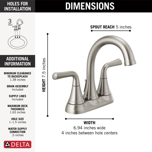 Delta 2533LF-SSMPU Kayra Two Handle Centerset Bathroom Faucet, Stainless