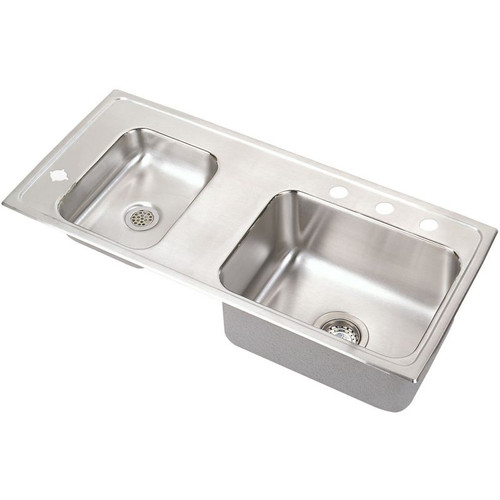 37-1/4" x 17" x 6" 18 Gauge Stainless Steel Double Bowl Quick-Clip Drop-in Classroom ADA Sink with 3 Faucet Holes and 1 Left Slotted Hole in Lustrous Satin