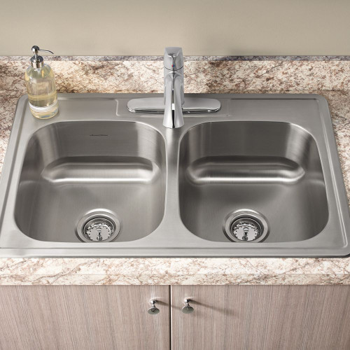 33" Double Basin 3-Faucet Holes Kitchen Sink for Drop-In Installations with Faucet and Drain in Stainless Steel
