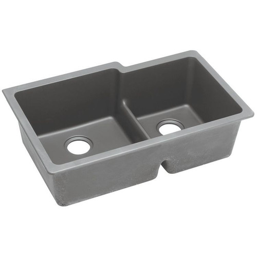 33" x 20-1/2" x 9-1/2" Quartz Offset 60/40 Double Bowl Undermount Sink with Aqua Divide in Greystone