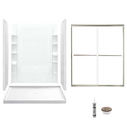 60-in x 34-in Shower Base, Walls and Door Kit, in White/Nickel with Clear Glass