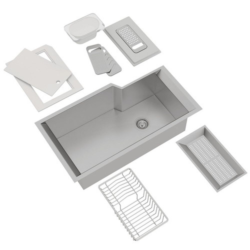 Single Bowl Undermount Kitchen Sink with Accessories in Brushed Stainless Steel