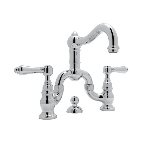 Deck Mount Bridge Lavatory Faucet with Metal Levers Pop-Up and Column Spout in Polished Chrome