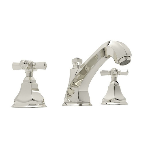 High Neck Widespread Lavatory Faucet with Hex Spout Cross Handles and Pop-Up in Polished Nickel