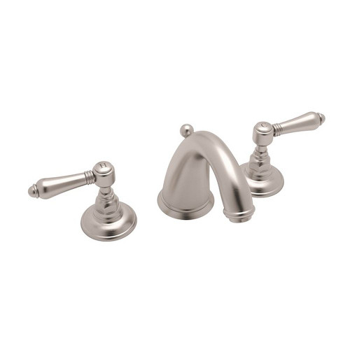 C-Spout Widespread Lavatory Faucet with Metal Levers Pop-Up and "Le Pietre" Spout in Satin Nickel