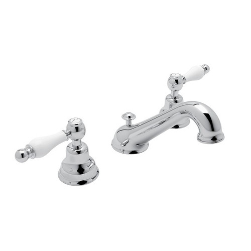 C-Spout Widespread Lavatory Faucet with Ornate White Porcelain Lever in Polished Chrome