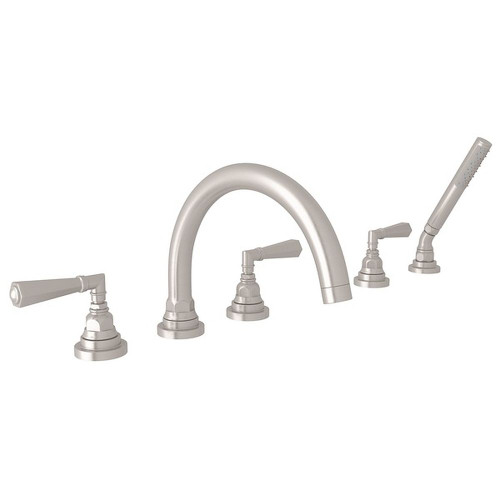 5-Hole Deck Mount Tub Filler with Metal Lever in Satin Nickel
