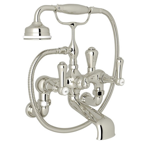 Exposed Deck Mount Tub Filler Metal Lever with Porcelain Cap Handshower in Polished Nickel