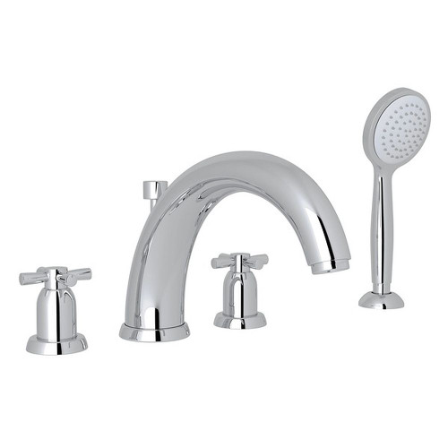 4-Hole Deck Mount Modified C-Spout Bathtub Filler with Cross Handle Handshower in Polished Chrome