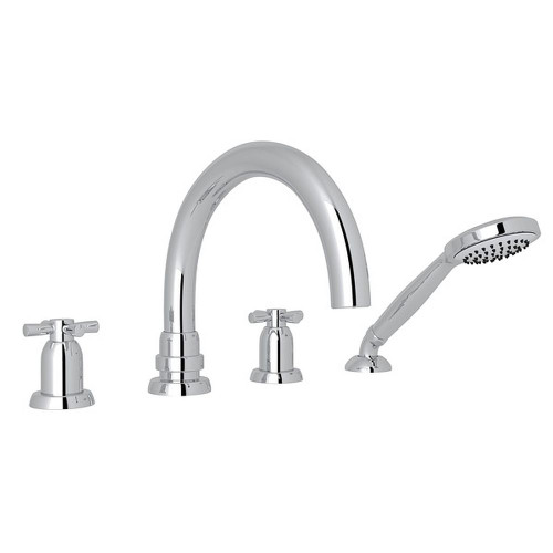 4-Hole Deck Mount Tubular C-Spout Bathtub Filler with Cross Handle Handshower in Polished Chrome
