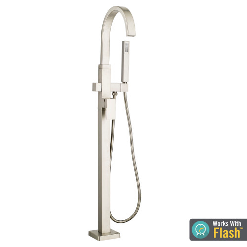 Contemporary Square Freestanding Tub Filler with Hand Shower in Brushed Nickel