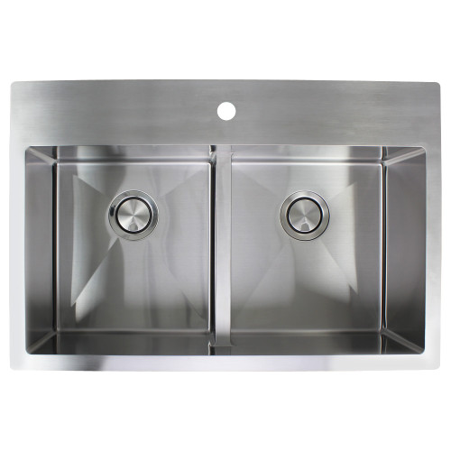 33-in x 22-in x 10-in 16 Gauge Double Equal Bowls, Stainless Steel Kitchen Sink with Low Divide, Micro Edge Dual Mount Installation, with 1 Hole