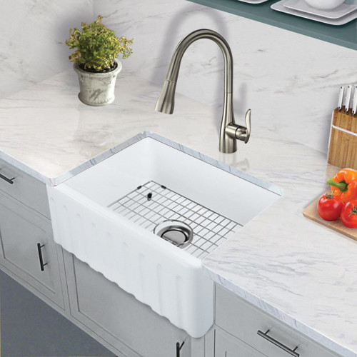 Transolid KF-FUSF24199 Logan 23.5-in x 19-in x 9-in Single Basin Reversible (Fluted/Plain) Farmhouse Fireclay Kitchen Sink in White with Faucet, Grid, Strainer, Installation Kit